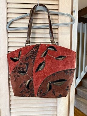 Coldwater Creek Rust Brown Floral Patchwork Zipper Tote w/gold glitter thread